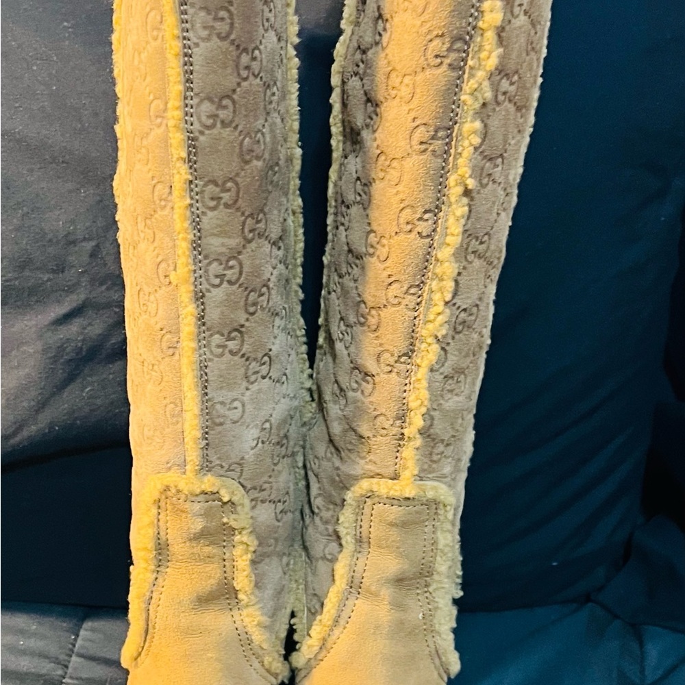 Rare Find-Vintage Gucci GG Suede Knee High Wedge Boots - Picture 7 of 13